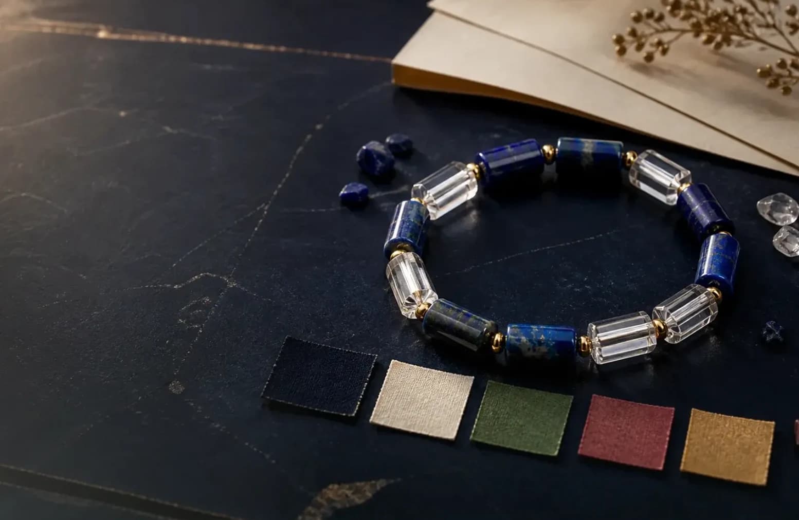 Lapis lazuli and clear quartz bracelet arranged beside the five daily color families