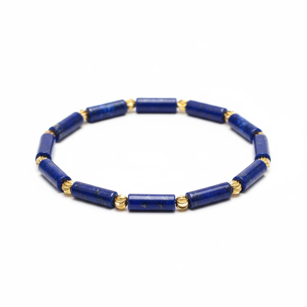 Crystal Houzz lapis lazuli barrel bead stretch bracelet with gold-tone spacers