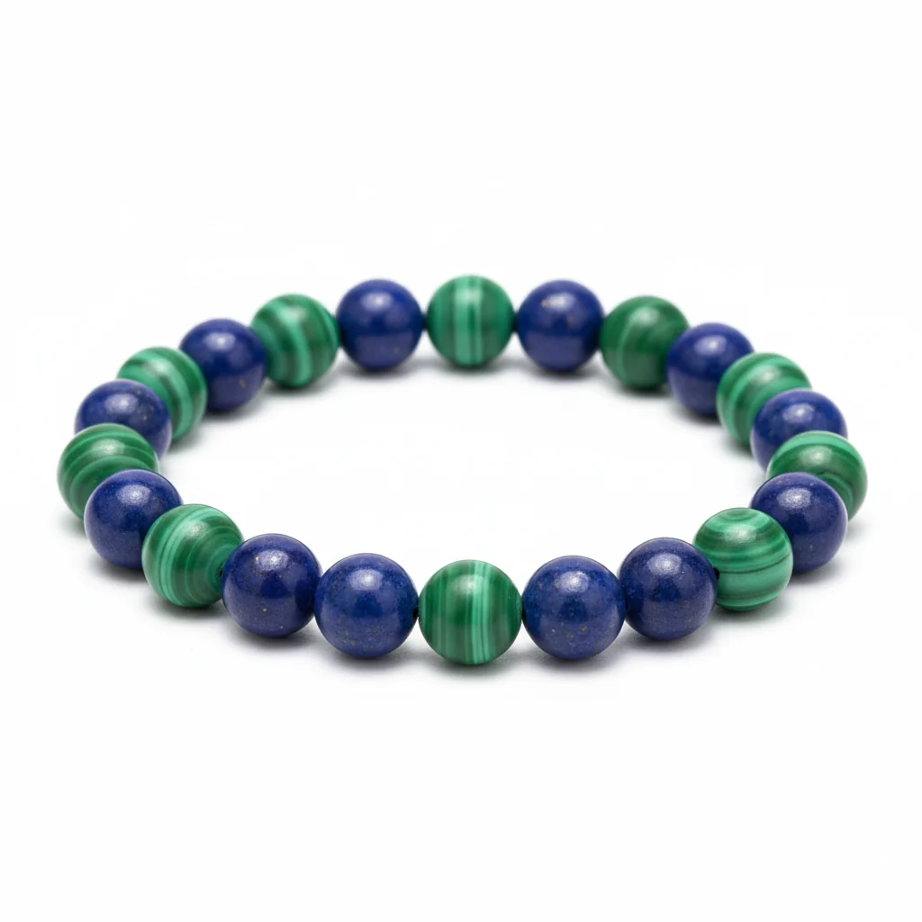 Crystal Houzz 6mm round lapis lazuli and banded green malachite bead bracelet