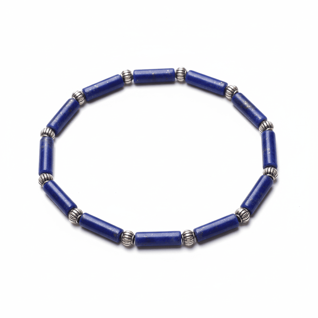 Lapis Lazuli Tube Bead Bracelet with Silver-Tone Spacers