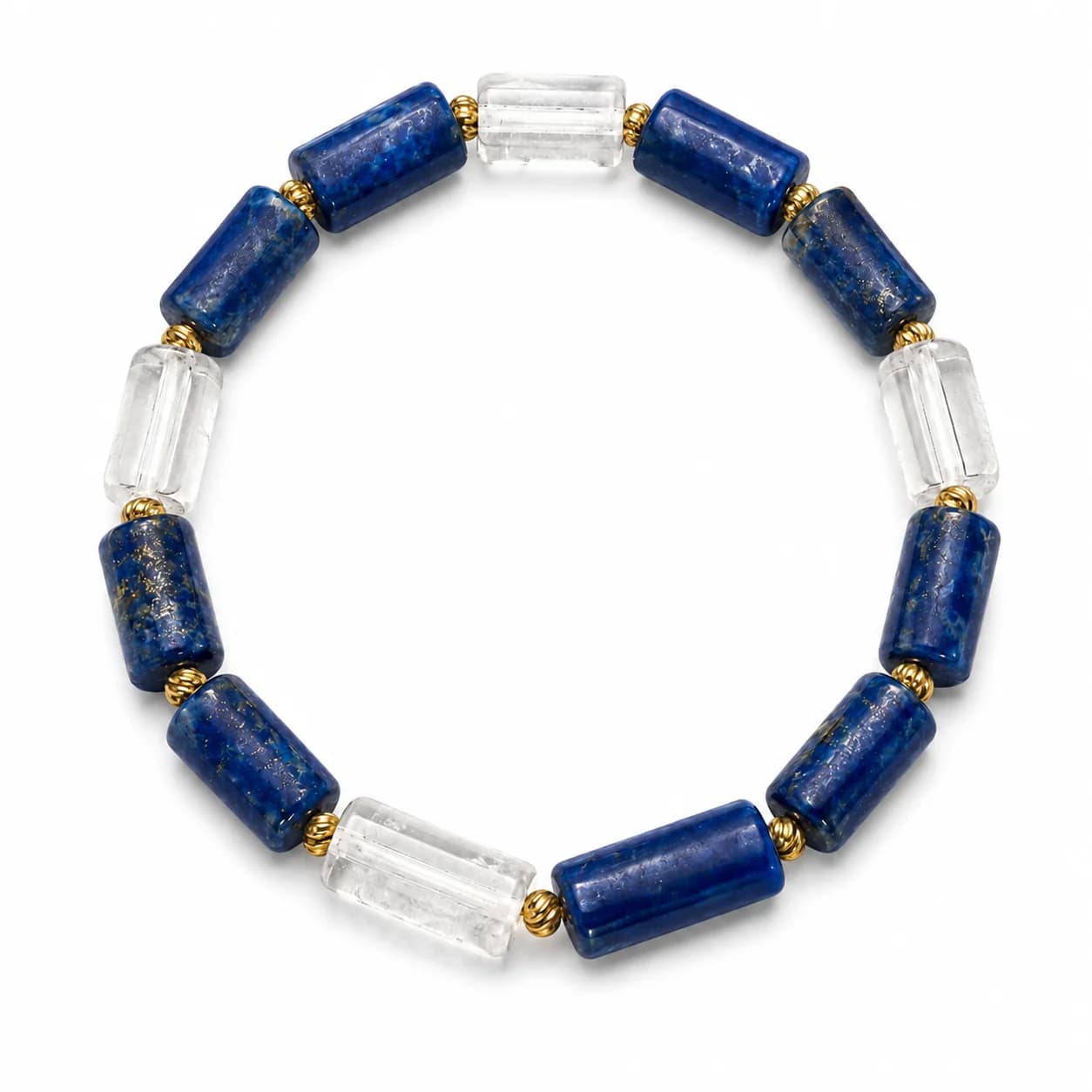 Crystal Houzz lapis lazuli and clear quartz cylinder bracelet with mixed gold-tone spacers